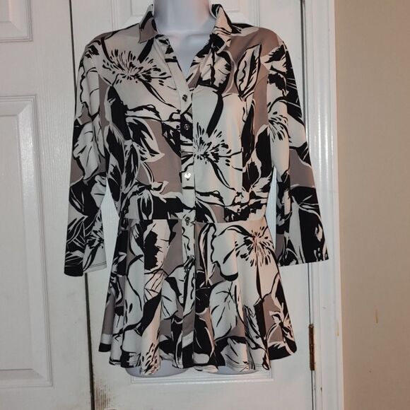 New Direction black tan white button down blouse Sz M NWOT - Picture 1 of 4